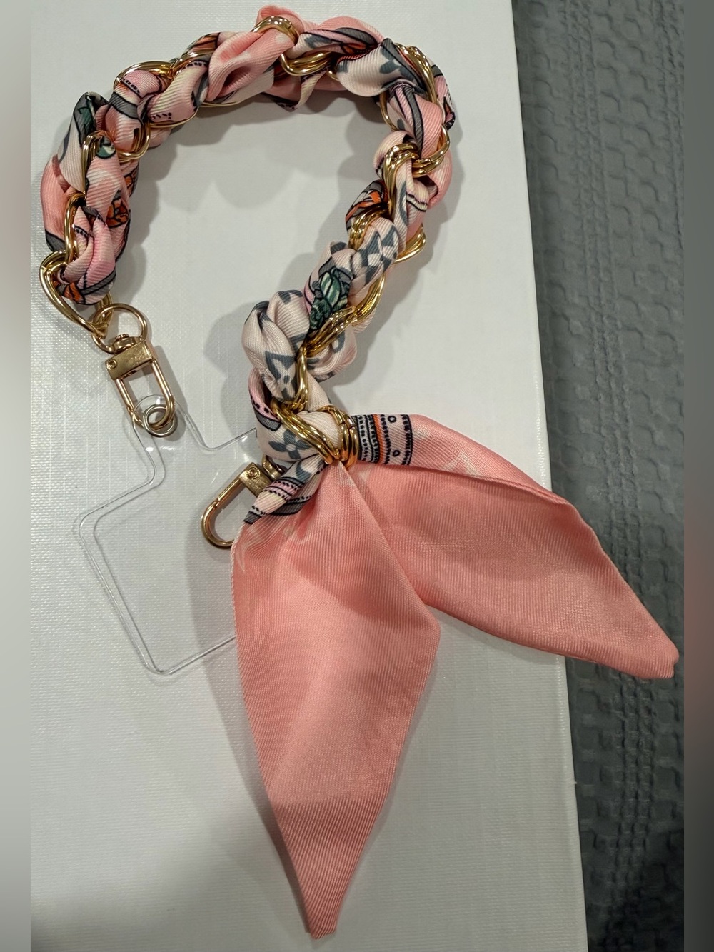 Braided Gold Chain Scarf Bracelet and phone lanyard Peach & Floral